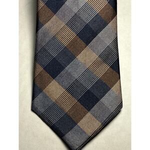 Saks Fifth Avenue COLLECTION Woven 100% Silk Tie, Classic Blue Brown Plaid Check
